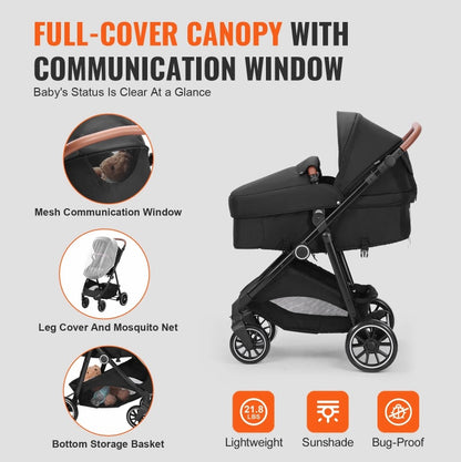 Standard Baby Stroller, Infant Toddler Stroller With Bassinet, 3rd-Gear Adjustable Backrest & Foldable & Reversible Seat, Carbon Steel Newborn Stroller With Leg Cover And Mesh Net, Black